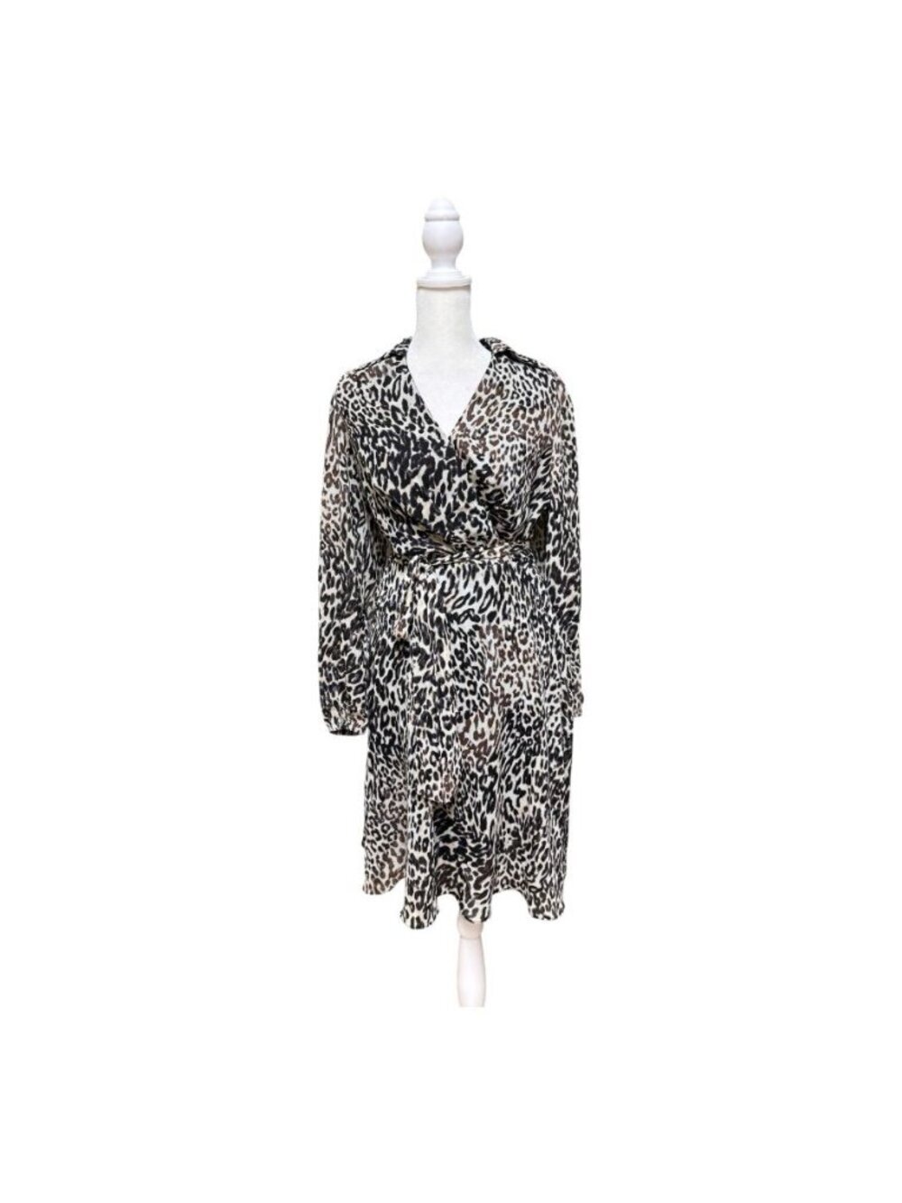 DKNY Leopard Print Faux Wrap Belted Midi Dress Size 6